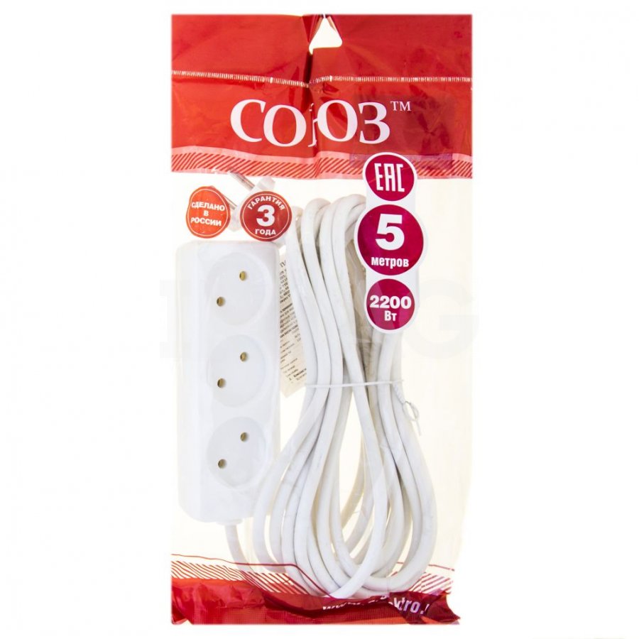 Удлинитель СОЮЗ 16А  5м белый трехместный с/з