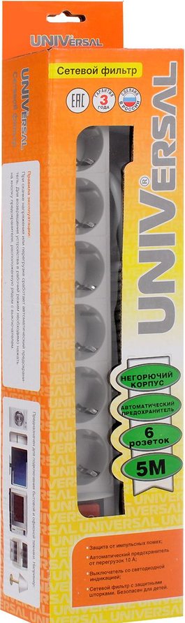Сетевой фильтр UNIVERSAL 10А с/з 6 розеток с выключателем + защита от детей белый 5 м (арт. 967U-5001)