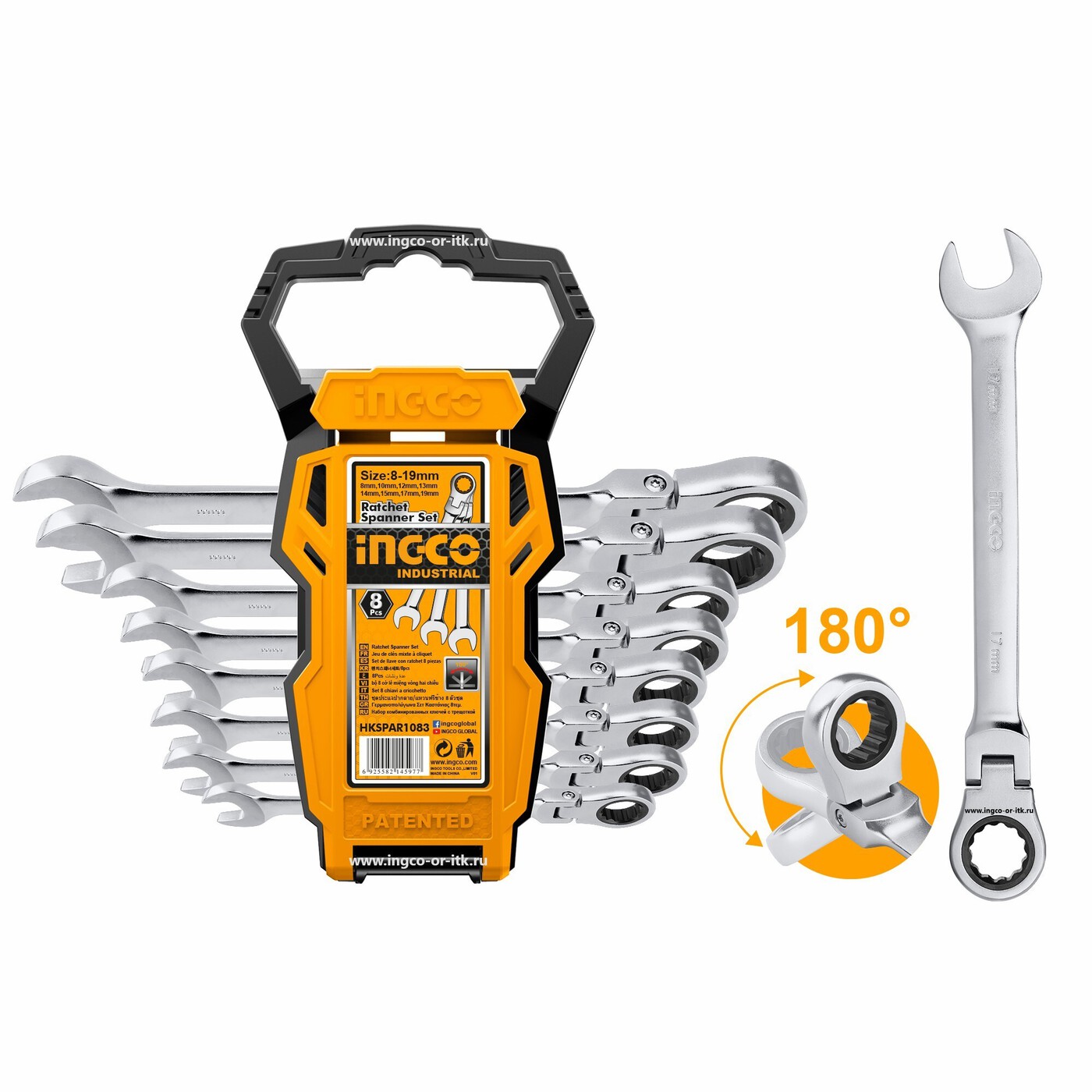 Набор комбинированных ключей с трещоткой 8 шт (8-19 мм) INGCO HKSPAR1083 INDUSTRIAL