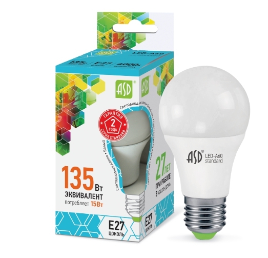 Лампа с/д ASD грушевидная 15Вт Е27 4000K 210-240В