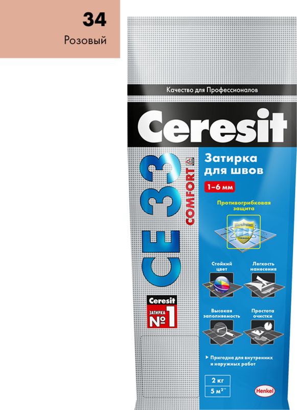 Затирка Ceresit "Super СE 33" №34 для плиточных швов, розовая 2 кг