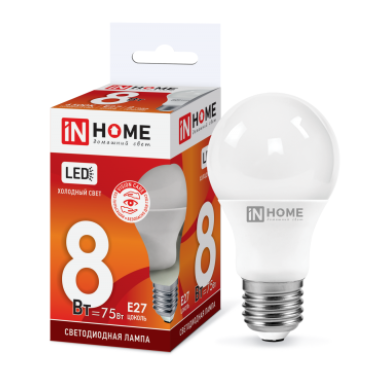Лампа с/д IN HOME А60 8Вт Е27 6500К 230В