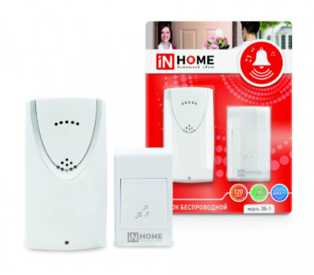 Звонок дверной IN HOME "ЗБ-1" беспроводной 32 мелодии 120 м с кнопкой белый