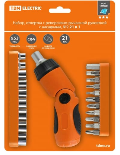Набор отвертка с Т-обр.ручкой с битами и торц.головками, №3, 21 пред. "Алмаз" TDM