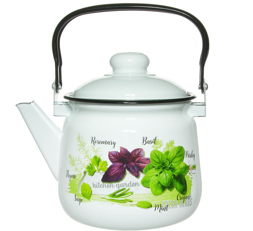 Чайник ЭМАЛЬ "Базилик" эмалированный белый с декором 2,5 л