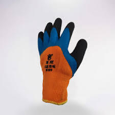 Перчатки х/б облитые оранж с синим черн.пальцы Зима №289