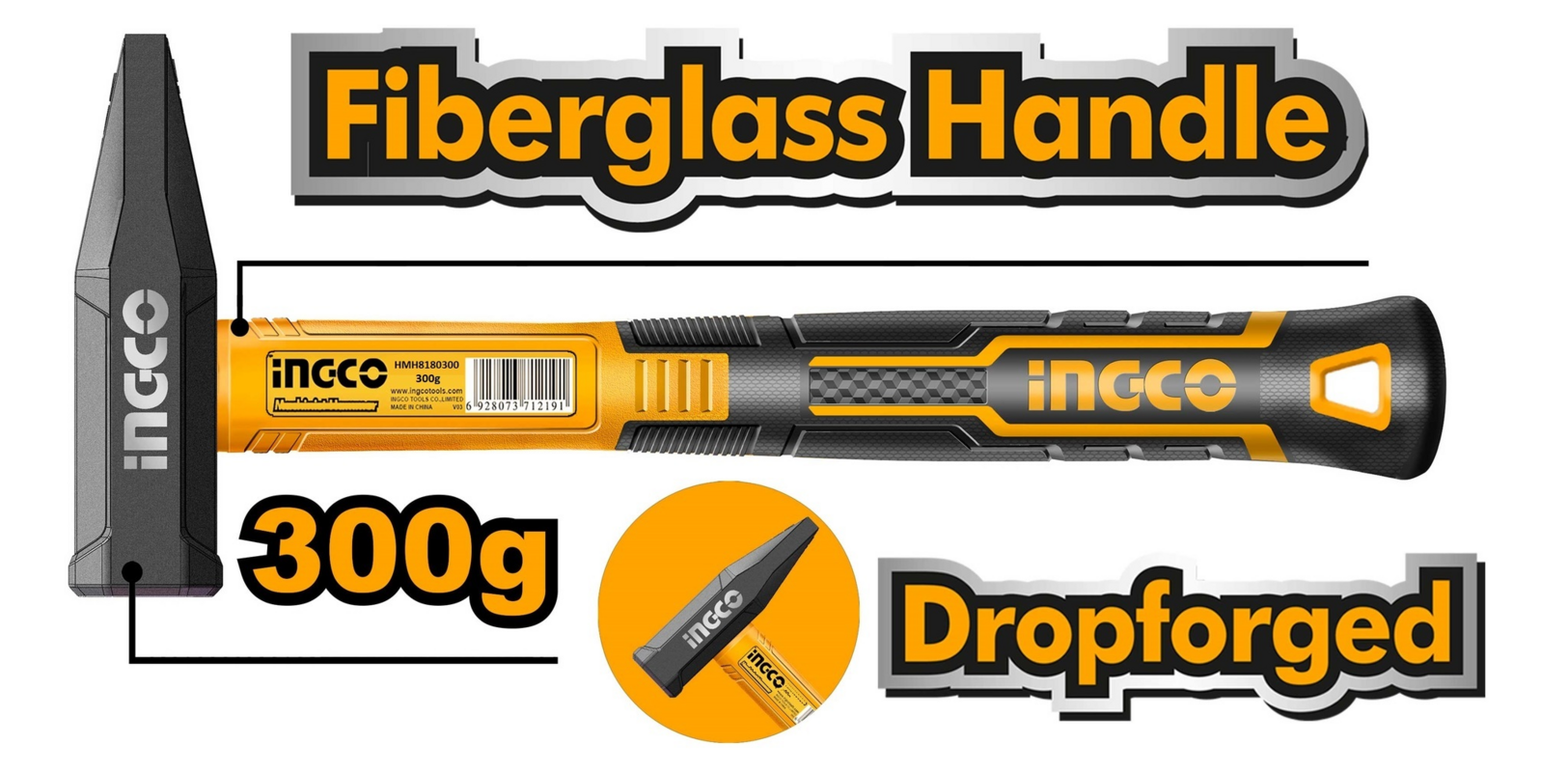 Молоток 300 гр фибергласовая ручка INGCO HMH82300