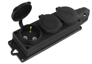 Колодка UNIVERSAL 16А 250В однофазная с заглушками черный трехместная с заземлением